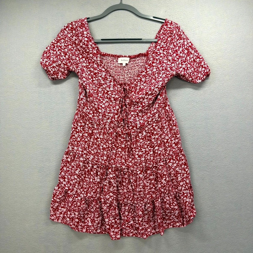Böhme Tiered Mini Dress Womens S Red White Floral Smocked Puff Sleeve‎ Tie Neck